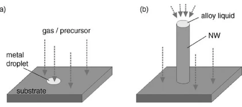 Figure 1.1: Schematic of the vapor-liquid-solid (VLS) growth mechanism. a) A substrate coated with metal clusters is heated until the metal melts, and gas containing the desired nanowire material is introduced to the growth chamber