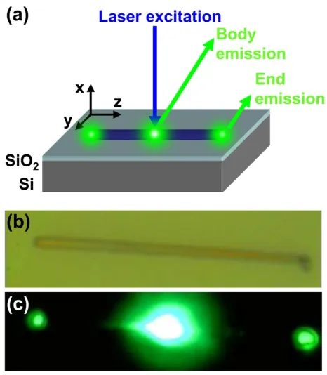 Figure 5.2: a) Spatially resolved optical measurement geometry. b) Reflected white light microscopy image of a single CdS nanowire