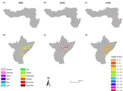 Figure 5: The median values of phenological patterns derived from MODIS EVI data. (a,b,c) median 