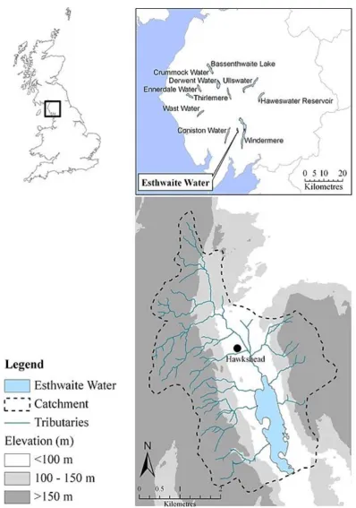 Figure 2.1: Location of Esthwaite Water and its catchment area in the UK. Source: Mackay (2011)