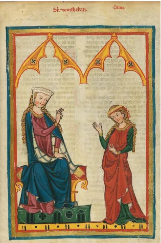 Fig. 6. The Winsbeckin and her daughter, from the Codex Manesse (cpg 848, c. 1300-1340, Universitätsbibliothek Heidelberg, fol