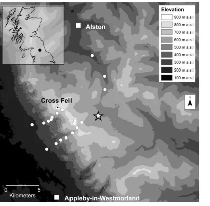 Figure 1. Location in the northern UK (inset) and digital elevation model of Moor House World 