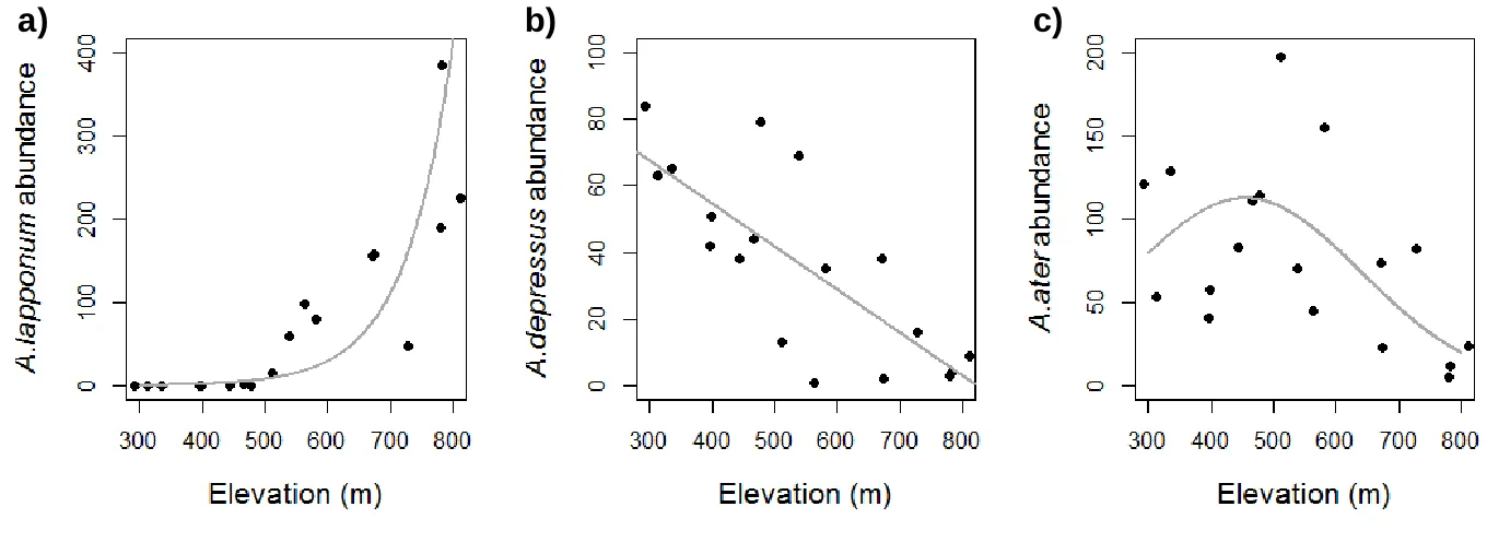 Figure 2. Current abundance along the elevational gradient for the three dung beetle species (a) Agoliinus lapponum; (b) Acrossus depressus and 