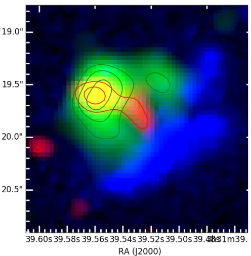 Figure 6. False-color image of the molecular gas, dust continuum and stellaremission components in ALESS122.1.The molecular gas (green) showsthe CO(3-2) emission and the dust continuum region (red) corresponds tothe 3 mm (rest-frame ∼ 850 µm) continuum det