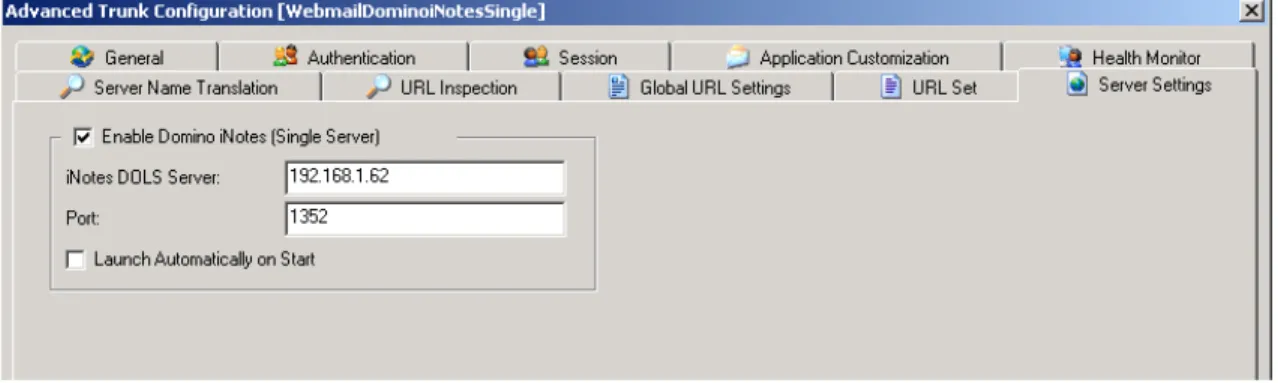 Figure 6. Server Settings Tab–Domino iNotes (Single Server)