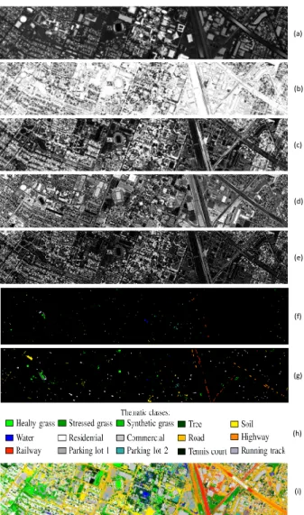 Fig. 1. (a)-(e) are the LiDAR-derived features including DSM, echo ratio, elev, intensity, and sigmaz