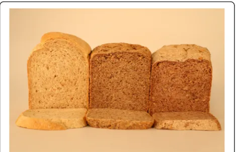 Fig. 1 The loaf on the left is the optimized HHB$1.5 loaf. The loaf inthe middle is the optimized HHB$3 loaf which is high in groundlinseed
