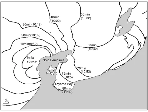 Fig. 3.The map showing wave fronts of the calculated tsunami wave(10-min interval), which suggests that the earthquake-induced tsunamiarrived at Toyama bay 70–80 min after generation.
