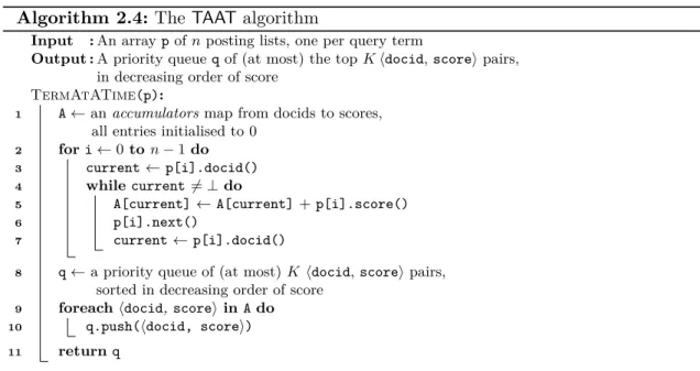 Figure 2.5 illustrates an example of the TAAT strategy with 3 posting lists that returns the top 2 documents