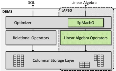 Figure 4.2: Example architecture of the DBMS-integrated linear algebra processing engine (Lapeg) with the optimizer component (SpMachO.)