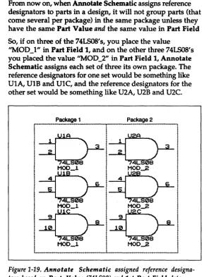 Figure 1-19. Annotate Schematic assigned reference designa-tors based on Part Value (74LS08) and 1st Part Field data