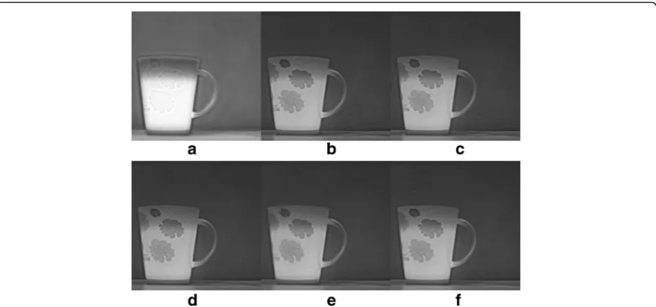Fig. 3 The fusion effects of cup a The absolute maximum fusion rule, sampling rate =100%, b The proposed fusion rule, sampling rate =100%,c The proposed fusion rule, sampling rate =58.6%, d The proposed fusion rule, sampling rate =39.0%, e The proposed fusion rule, samplingrate =19.5%, f The proposed fusion rule, different sampling rate for different components