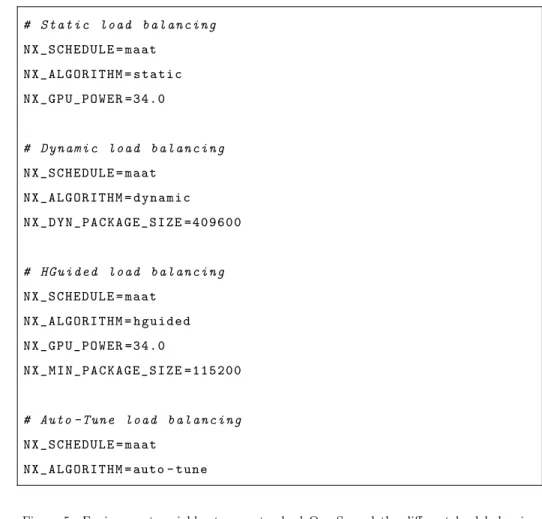 Figure 5: Environment variables to use standard OmpSs and the different load balancing algorithms.