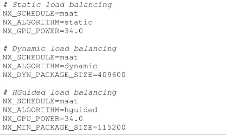 Fig. 4. Environment variables to use standard OmpSs and the different load balancing algorithms.