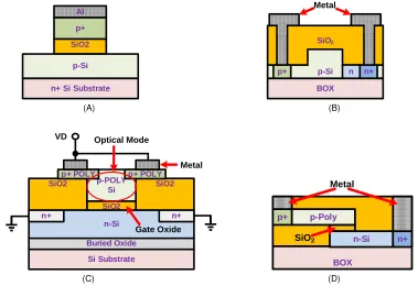 Figure 2.15: (A)Cross section of P-i-N silicon modulator. (B)Cross section of PN junctionsilicon modulator