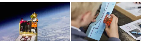 Figure 1. Example projects undertaken within education:Rishworth School sent a micro:bit to space [19] (left); Themicro:bit placed in a custom-built rocket car for teleme-try [20, 21] (right).