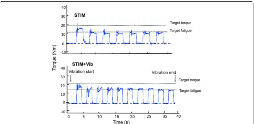 Fig. 1 Graphical representation of the STIM and STIM+Vib. STIM and STIM+Vib protocols in one of the participants can be observed in this graph.Blue traces refer to the torque forces evoked by the NMES protocols