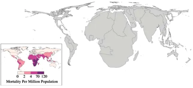 FIGURE 3The estimated distribution of climate-related increase in mortality from diarrhea, malaria, inland 