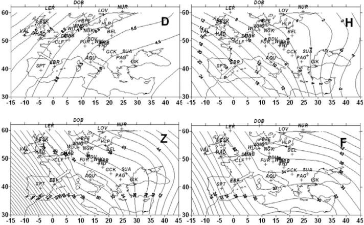 Fig. 2. Temporal variation of the differences between EBR and other observatories (�e) for the magnetic components; a) D, b) H, c) Z, and d) F.