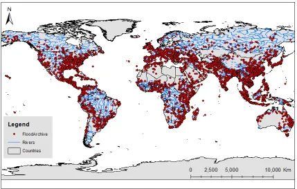 Figure 1 Global Distribution of flood occurrences 1985 – 2016 (Source: Dartmouth 
