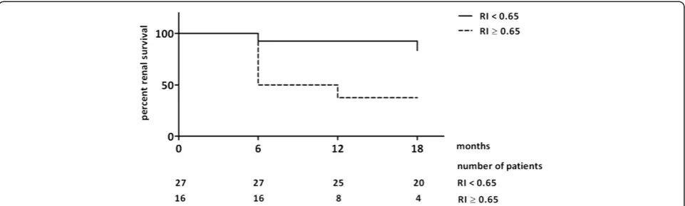 Figure 4 Kaplan Meier curves of renal survival according to baseline RI. Renal function decline is defined as decrease in eGFR of at least5mL/min/1.73m2/year or need for RRT