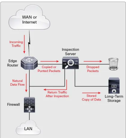 Figure 16 shows this model. A subset of the incoming traffic from the WAN or the Internet is diverted to an  inspection server
