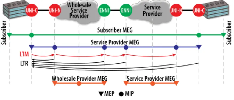 Figure 29 provides an example of CCMs sent between MEPs for an EVC  on the service provider MEG level