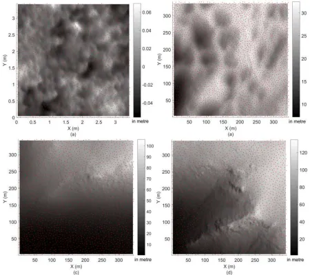 Fig. 1. The subsample point clouds and the shaded DEMs (built using the original point clouds): (a) TLS, (b) LiDAR-1, (c)  LiDAR-2 and (d) LiDAR-3, in which the colour bar for TLS represents the residual elevation values after fitting a plane to remove lin