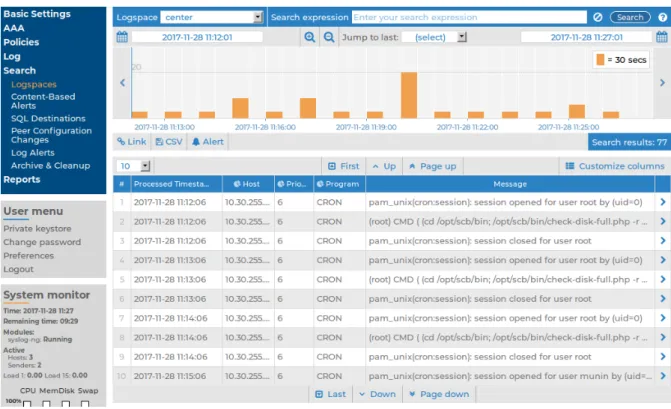 Figure 1: Search &gt; Logspaces — The log message search interface Logspaces: To choose the appropriate logspace, use the Logspace name menu. Note that you cannot  access plain text logspaces on the SSB search interface