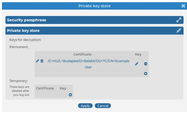 Figure 10: User menu &gt; Private keystore — Adding decryption keys to the  private keystore