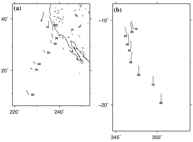 Fig. 1. Absolute migration of global mid-ocean ridges since 80 Ma. Pattern lines are reconstructed past locations of ridges