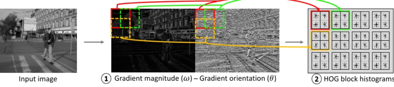 Figure 5: Steps to compute the HOG features: (1) given a grayscale image, compute the gradient (Algorithm 4); (2) compute the Block Histograms with trilinear interpolation (Algorithm 5).