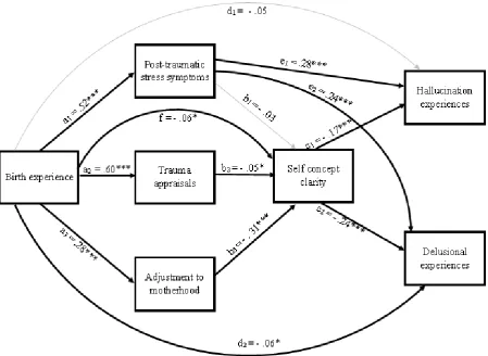 Figure 3 Model 2 exploring the relationship between birth experience and psychotic like experiences (hallucination and delusional experiences) through two stages of mediating variables (i) trauma appraisals, post-traumatic stress symptoms and adjustment to