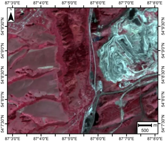 Figure 7. Landsat-8 pre-event imagery (14 September 2014) of the Russian mining waste site  (NIR/Red/Green)