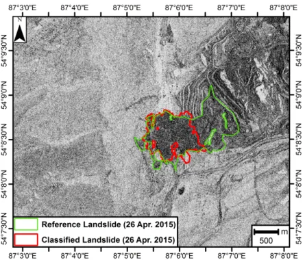Figure 8. Result (red) of the landslide detection procedure at the Russian mining waste site based on  post-event dual-pol TerraSAR-X (acquired on 26 April 2015; background image) and pre-event  optical Landsat-8 (14 September 2014) imagery