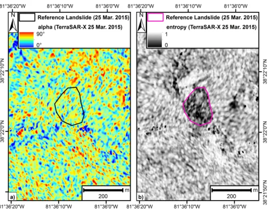 Figure 3. Yeager Airport: (a) α angle and (b) polarimetric entropy H computed from the post-event  dual-pol TerraSAR-X (acquired on 25 March 2015)