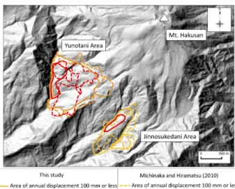 Figure 8. Comparison of landslide areas in this study  with  those  reported  by  Michinaka  and  Hiramatsu  (2010)
