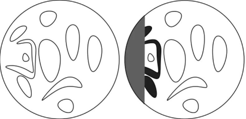 Figure 3: Restriction property (sketch): given the set of loops intersecting D 2 \ D 1 (the grey wedge on the left of the right figure) the conditional law of the remaining loops is an independent CLE in each component of the (interior of the) complement o