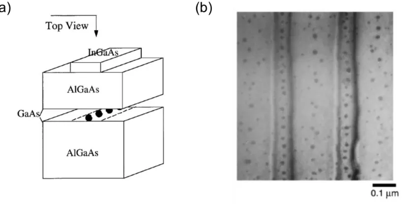 Figure 1.6. (a) Schematic of InGaAs lines on the surface of the AlGaAs/GaAs heterostructure (b) Plan view transmission electron microscopy micrograph of an array of As particles below stressor lines