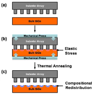Figure 1.7. A nanopillar template is applied to a SiGe wafer (a,b). During annealing, larger Ge atoms preferentially diffuse away from areas of compression, creating patches of enhanced Si content (c)