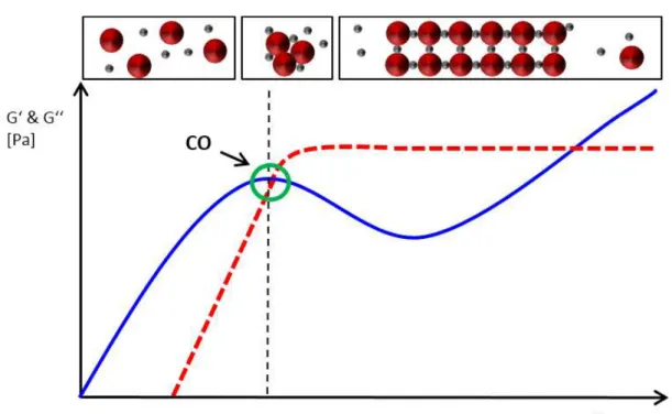 Figure 7.1: Characteristic curve shape of G 0 and G 00 for a viscoelastic material. Subdivi- Subdivi-sion of the graph in soluble, aggregating and scaffold forming protein solutions depending on the applied frequency.
