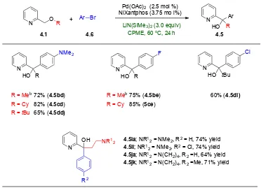 Table 4.5. Tandem arylation/[1,2]-Wittig rearrangement of 2-pyridylmethyl alkyl ethers with aryl 