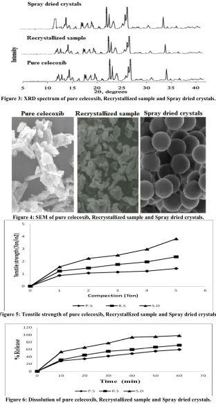 Figure 4: SEM of pure celecoxib, Recrystallized sample and Spray dried crystals. 