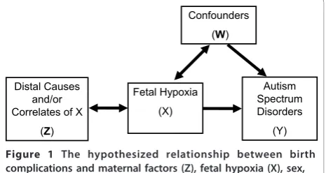 Figure 1 The hypothesized relationship between birthcomplications and maternal factors (Z), fetal hypoxia (X), sex,socio-economic class and birth cohort (W), and autismspectrum disorders (Y) (when stratified on sex, W is just socio-economic class and birth cohort); bold font denotes a vector.
