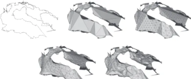 Figure 6: Our hole filling steps. From top left: hole boundary, minimum sum of squared edge length triangulation, triangles  sub-division, triangle relaxations, vertex projection.