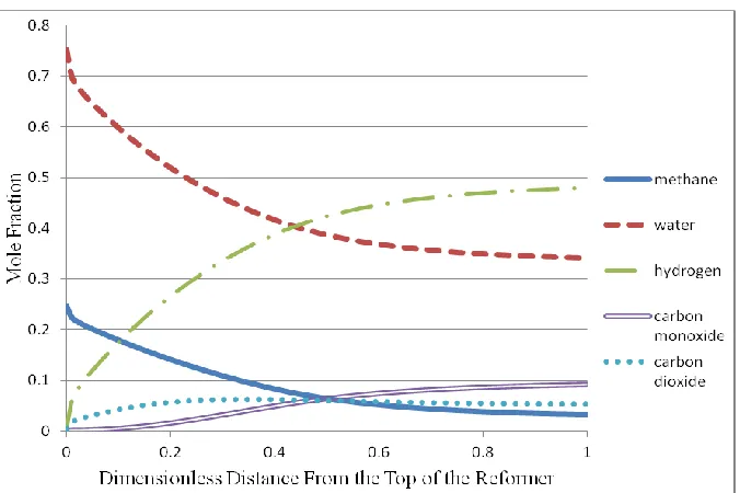 Figure 2.8.  Mole fraction profile on the process-side of the SMR.  