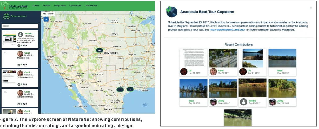 Figure 2. The Explore screen of NatureNet showing contributions, including thumbs-up ratings and a symbol indicating a design suggestion