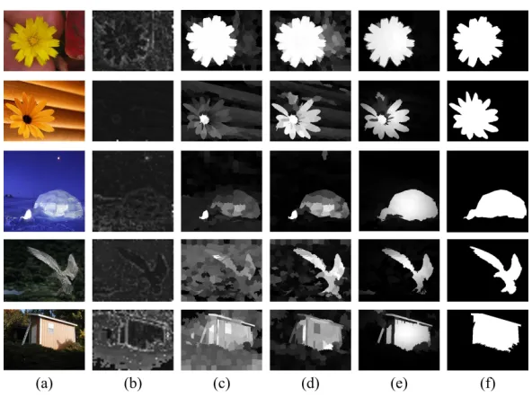 Figure 1: Typical challenging examples for SR based salient object detection methods. (a)Original images; (b) SR based method with surrounding patches as the dictionary [10]; (c)SR based method with background templates near the image boundary as the backgrounddictionary; (d) Proposed RSR method with the background dictionary but without the localconsistency prior; (e) Proposed RSR method with the background dictionary as well as thelocal consistency prior; (f) Ground truth.