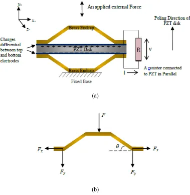 Figure 2.9 (a) Schematic diagram of cymbal transducer (b) Force analysis of the 
