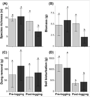 Figure 3. Dung beetle species richness (A), biomass (B), and rates of dung removal (C) and incidental soil bioturbation (D) sampled in control (light grey bars) and logging sites (dark grey bars) at surveys performed before (left bars in the panels) and af